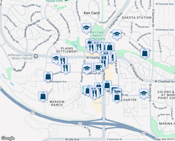 map of restaurants, bars, coffee shops, grocery stores, and more near 10289 West Centennial Road in Littleton