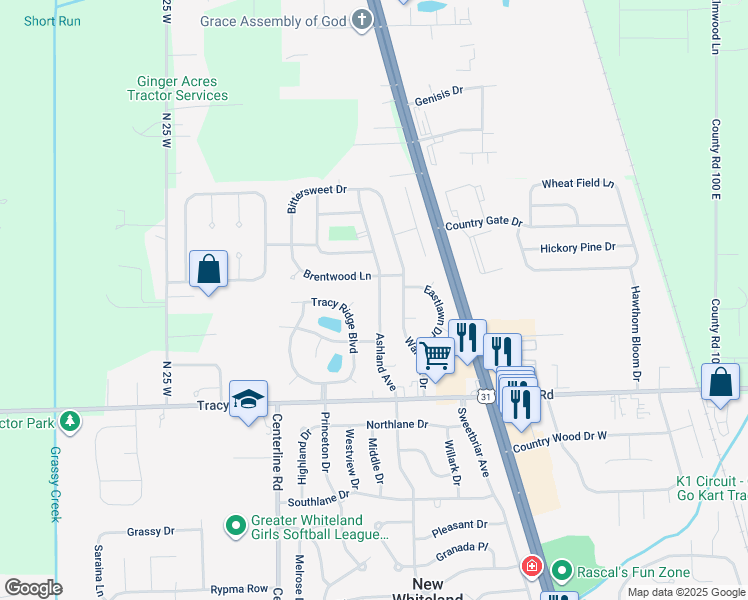 map of restaurants, bars, coffee shops, grocery stores, and more near 1030 Ashland Avenue in Whiteland