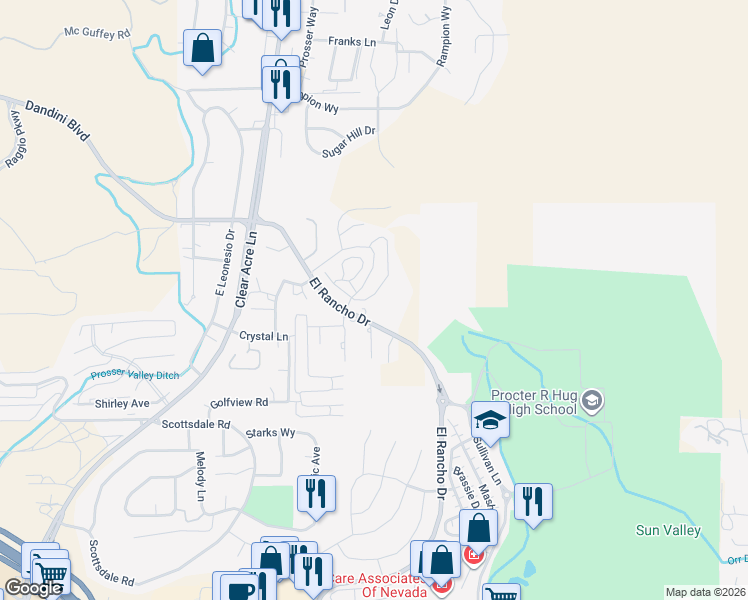 map of restaurants, bars, coffee shops, grocery stores, and more near 340 Black Falcon Way in Sparks