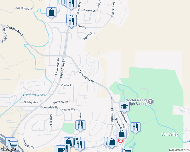 map of restaurants, bars, coffee shops, grocery stores, and more near 340 Black Falcon Way in Sparks