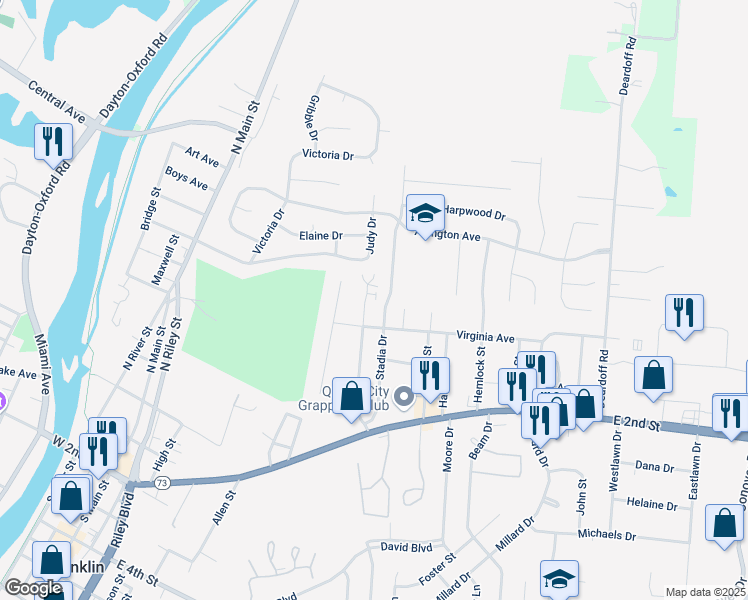 map of restaurants, bars, coffee shops, grocery stores, and more near 119 Stadia Drive in Franklin