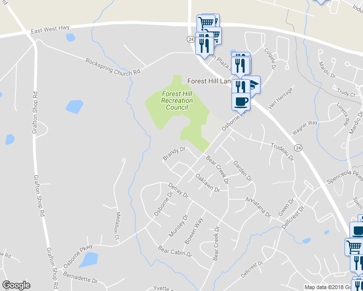 map of restaurants, bars, coffee shops, grocery stores, and more near 2032 Brandy Drive in Forest Hill