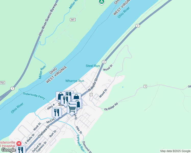 map of restaurants, bars, coffee shops, grocery stores, and more near Russell Ave in Sistersville