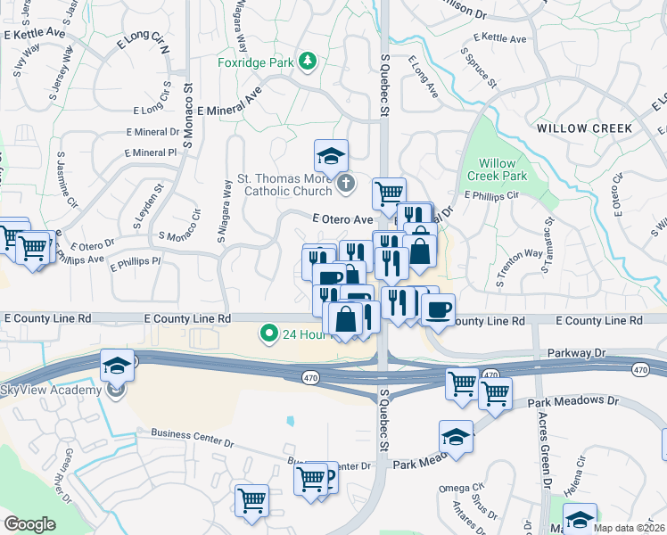map of restaurants, bars, coffee shops, grocery stores, and more near 8138 South Poplar Way in Centennial