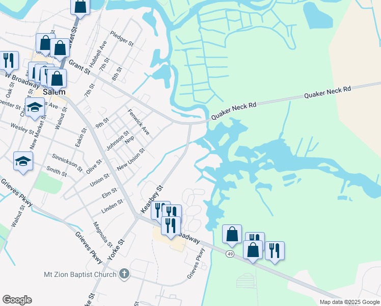 map of restaurants, bars, coffee shops, grocery stores, and more near 232 Keasbey Street in Salem