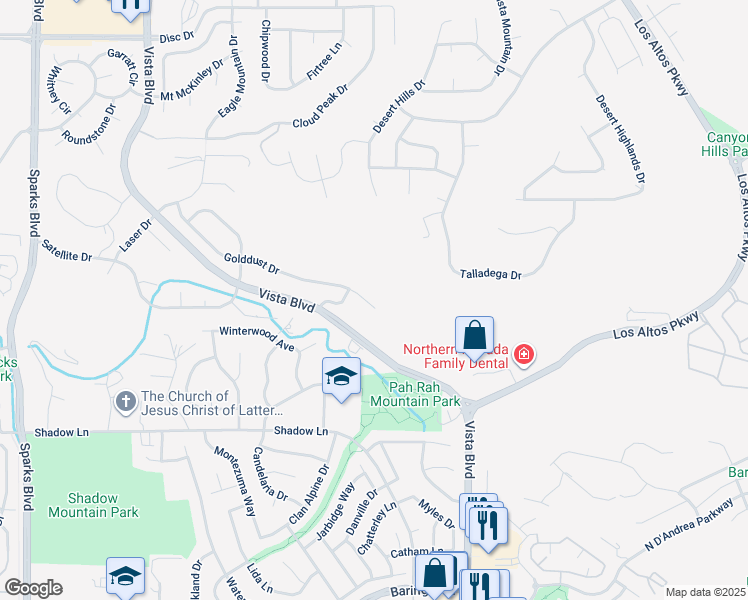 map of restaurants, bars, coffee shops, grocery stores, and more near 1744 Golddust Drive in Sparks