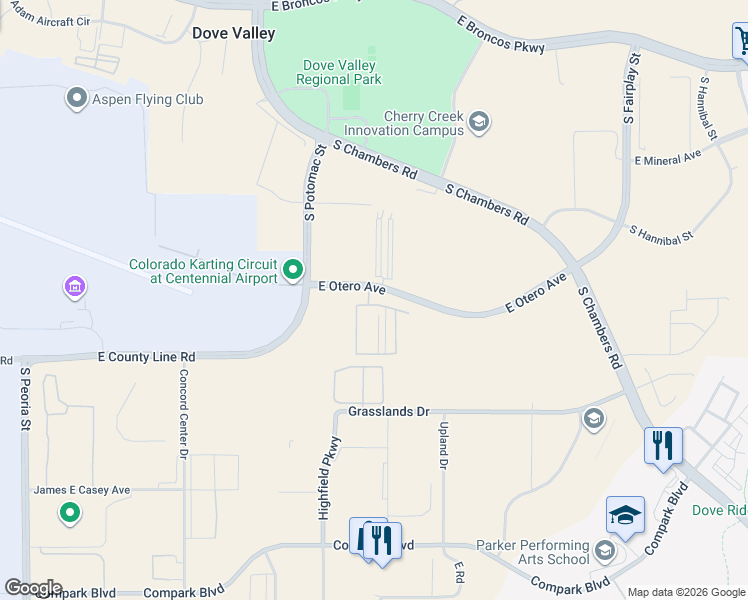 map of restaurants, bars, coffee shops, grocery stores, and more near 14200 East Otero Avenue in Englewood