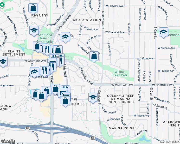 map of restaurants, bars, coffee shops, grocery stores, and more near 9603 West Chatfield Avenue in Littleton