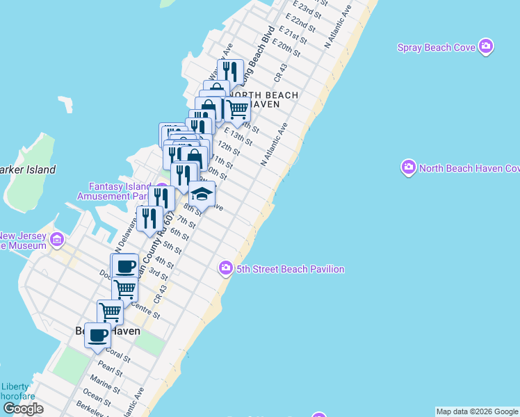 map of restaurants, bars, coffee shops, grocery stores, and more near 22 10th Street in Beach Haven