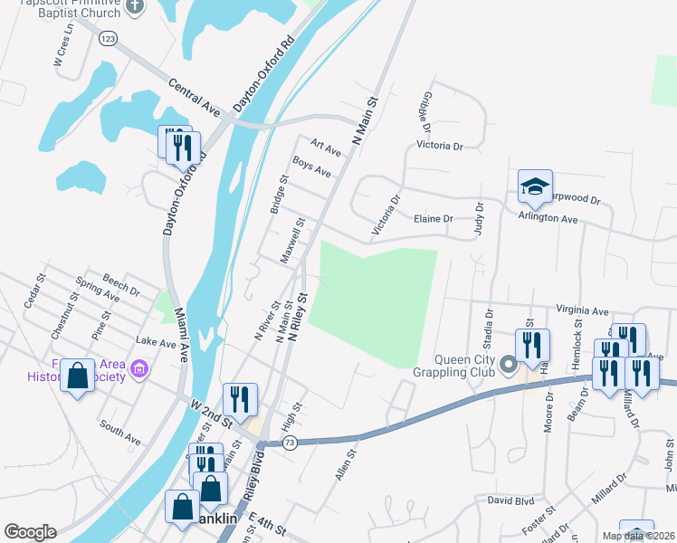 map of restaurants, bars, coffee shops, grocery stores, and more near 200 North Main Street in Franklin