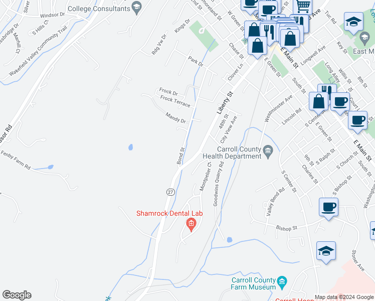 map of restaurants, bars, coffee shops, grocery stores, and more near 180 Liberty Street in Westminster