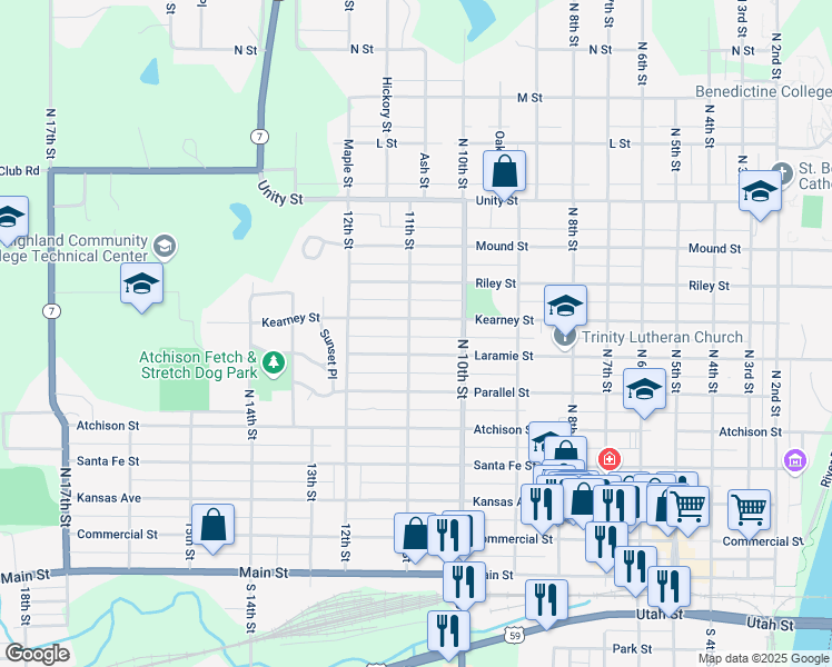 map of restaurants, bars, coffee shops, grocery stores, and more near 1029 Kearney Street in Atchison