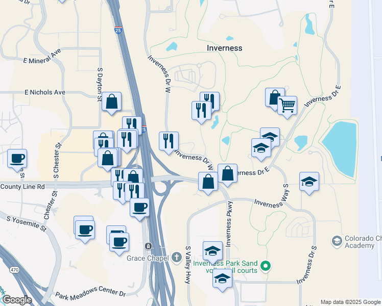 map of restaurants, bars, coffee shops, grocery stores, and more near 198 Inverness Drive West in Englewood