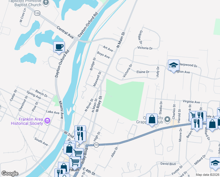 map of restaurants, bars, coffee shops, grocery stores, and more near 200 North Main Street in Franklin