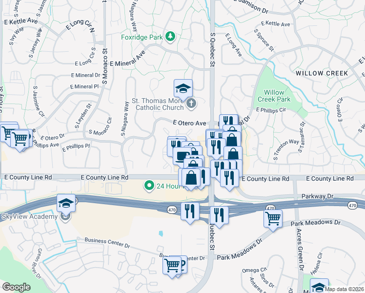 map of restaurants, bars, coffee shops, grocery stores, and more near 8100-8138 South Poplar Way in Centennial