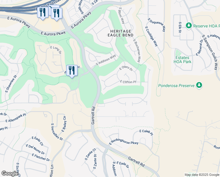 map of restaurants, bars, coffee shops, grocery stores, and more near 8179 South Algonquian Circle in Aurora