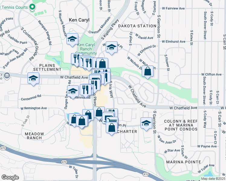 map of restaurants, bars, coffee shops, grocery stores, and more near 8154 South Kipling Parkway in Littleton