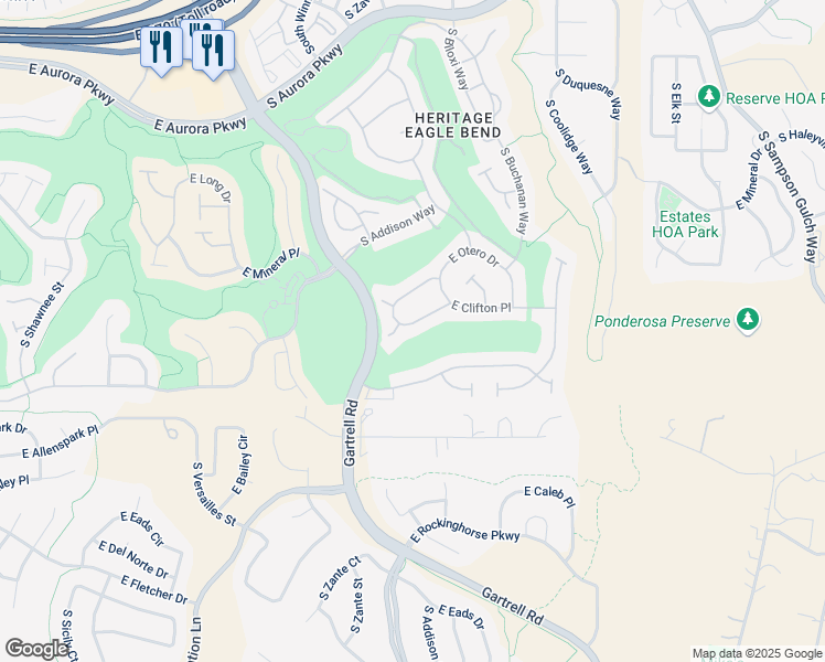 map of restaurants, bars, coffee shops, grocery stores, and more near 8179 South Algonquian Circle in Aurora
