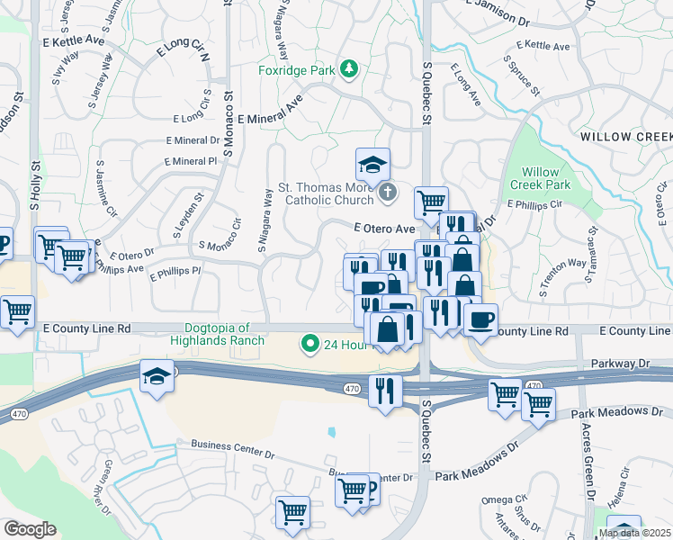 map of restaurants, bars, coffee shops, grocery stores, and more near 8205 Poplar Way in Englewood