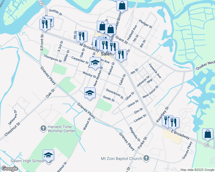 map of restaurants, bars, coffee shops, grocery stores, and more near 56 Walnut Street in Salem
