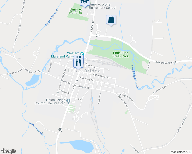 map of restaurants, bars, coffee shops, grocery stores, and more near 3 South Farquhar Street in Union Bridge