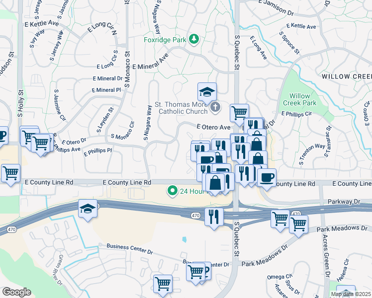 map of restaurants, bars, coffee shops, grocery stores, and more near 8205 Poplar Way in Englewood