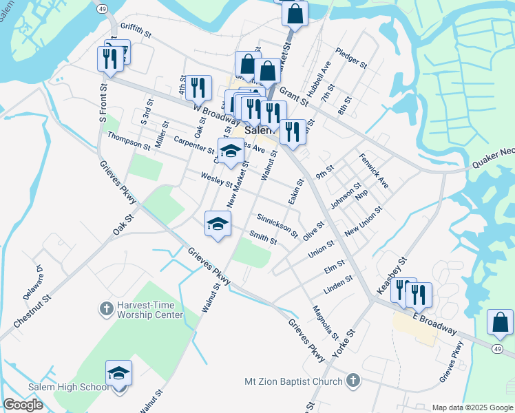 map of restaurants, bars, coffee shops, grocery stores, and more near 56 Walnut Street in Salem