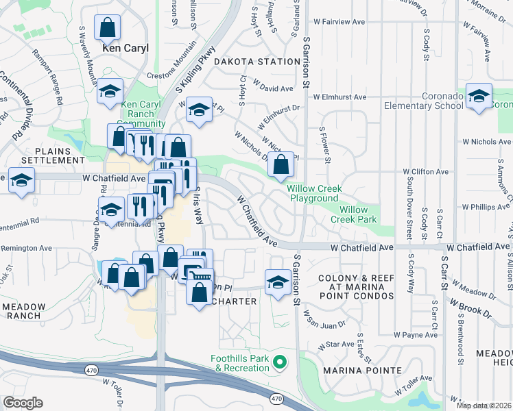 map of restaurants, bars, coffee shops, grocery stores, and more near 9605 West Chatfield Avenue in Littleton