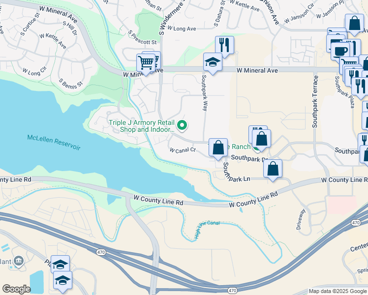 map of restaurants, bars, coffee shops, grocery stores, and more near 8191 Southpark Lane in Littleton