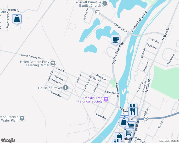 map of restaurants, bars, coffee shops, grocery stores, and more near 609 Spring Ave in Franklin