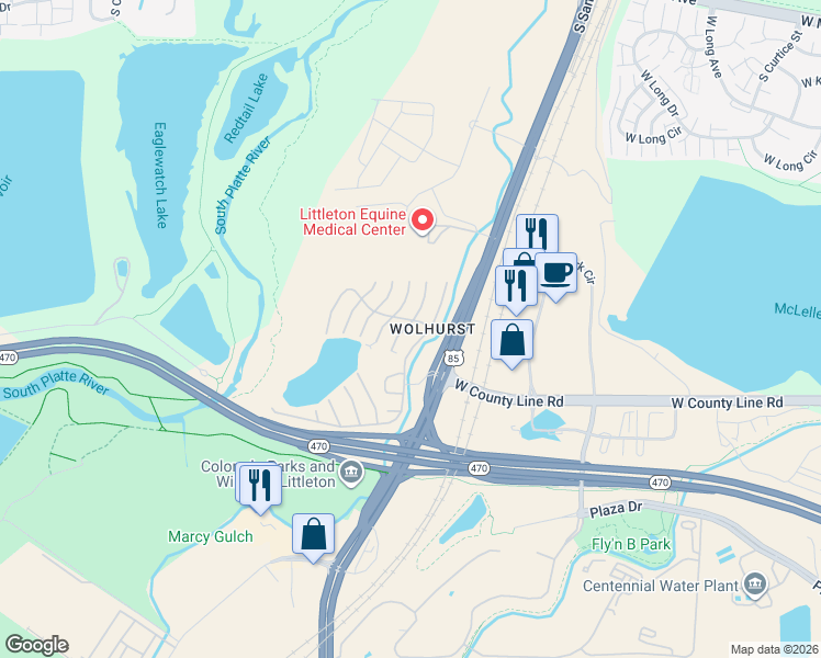 map of restaurants, bars, coffee shops, grocery stores, and more near South Santa Fe Drive in Littleton