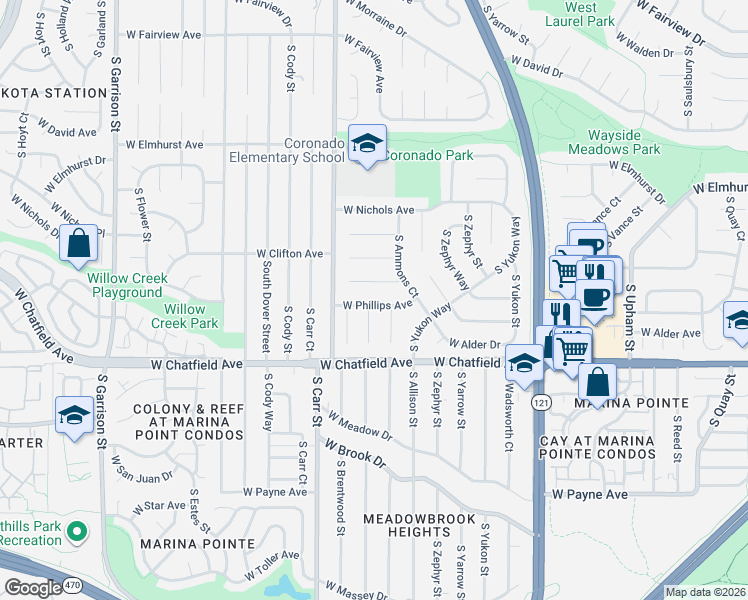 map of restaurants, bars, coffee shops, grocery stores, and more near 8249 West Phillips Avenue in Littleton