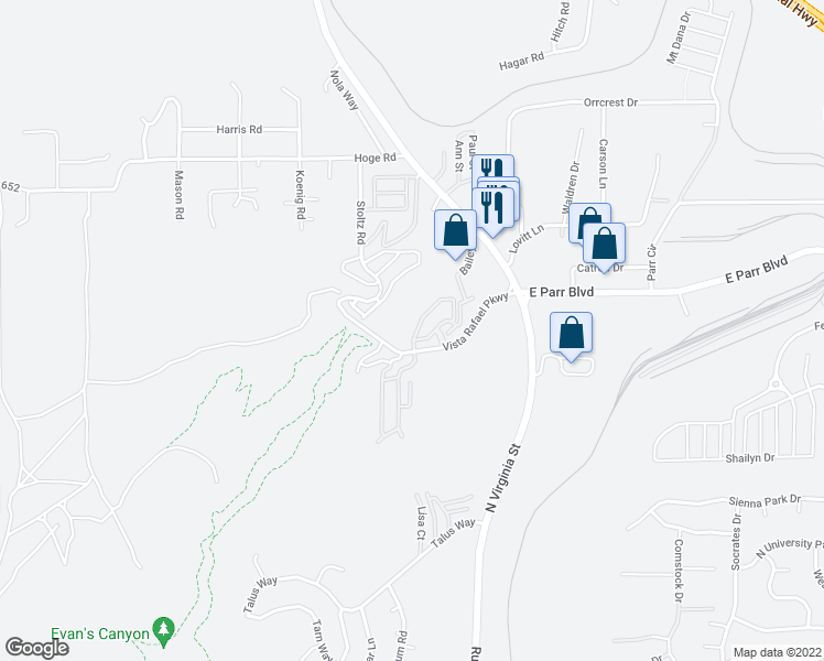 map of restaurants, bars, coffee shops, grocery stores, and more near 4555 Kathleen Denise Lane in Reno