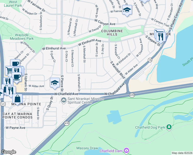 map of restaurants, bars, coffee shops, grocery stores, and more near 6438 West Clifton Place in Littleton