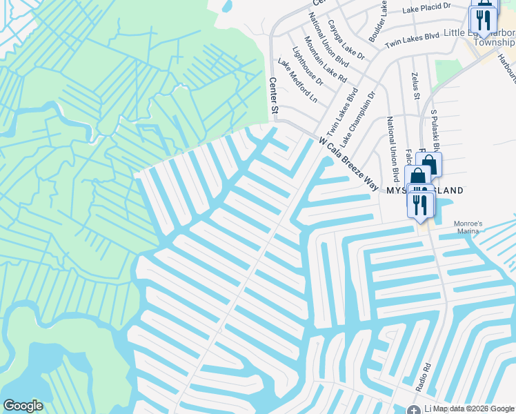 map of restaurants, bars, coffee shops, grocery stores, and more near 18 West Thames Road in Little Egg Harbor Township