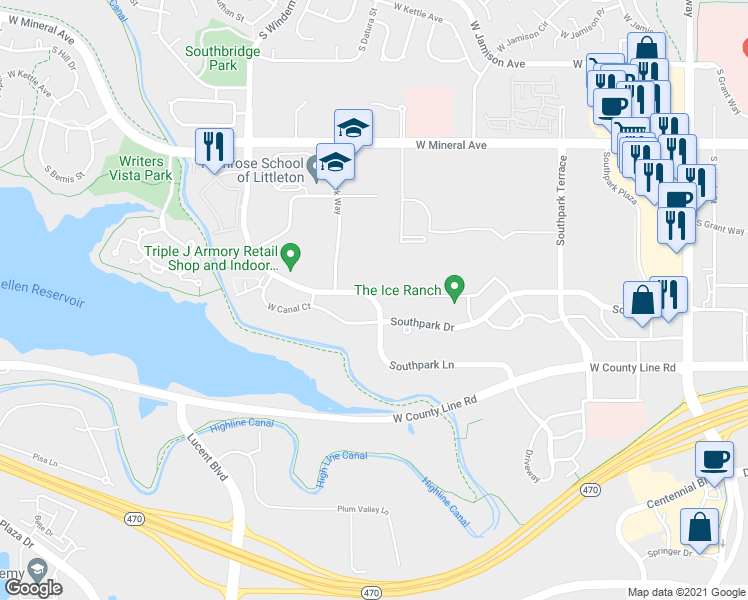 map of restaurants, bars, coffee shops, grocery stores, and more near Southpark Lane in Littleton