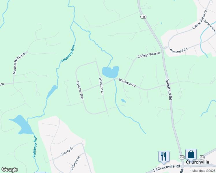 map of restaurants, bars, coffee shops, grocery stores, and more near 2713 Wesleyan Dr in Churchville