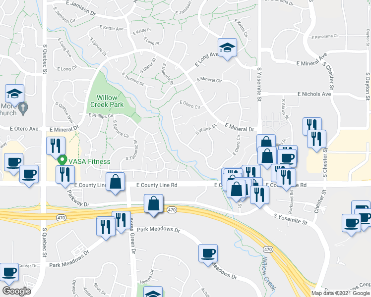 map of restaurants, bars, coffee shops, grocery stores, and more near 8494 East Otero Circle in Centennial