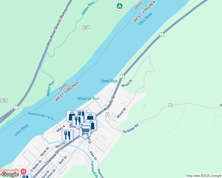 map of restaurants, bars, coffee shops, grocery stores, and more near Russell Avenue in Sistersville