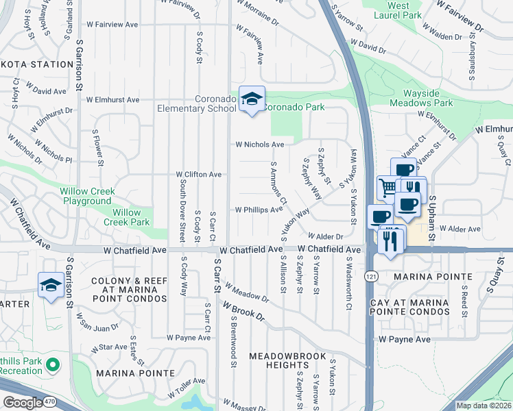map of restaurants, bars, coffee shops, grocery stores, and more near 8249 West Phillips Avenue in Littleton