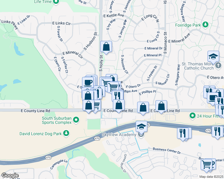 map of restaurants, bars, coffee shops, grocery stores, and more near 5730 East Otero Avenue in Centennial