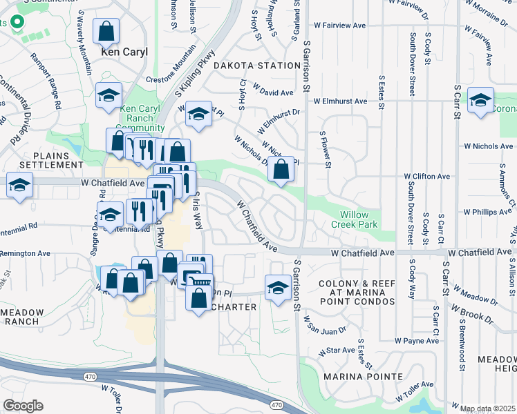 map of restaurants, bars, coffee shops, grocery stores, and more near 9603 West Chatfield Avenue in Littleton
