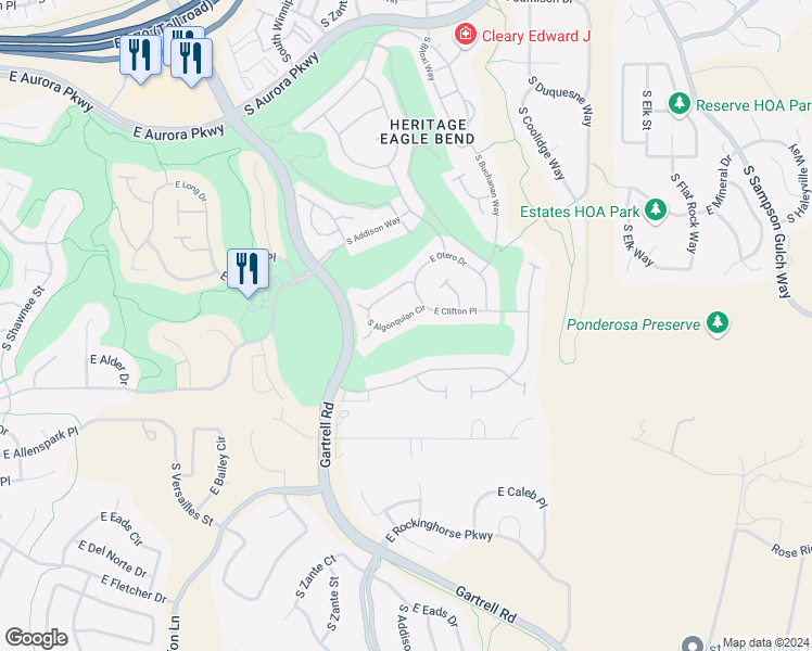 map of restaurants, bars, coffee shops, grocery stores, and more near 8179 South Algonquian Circle in Aurora