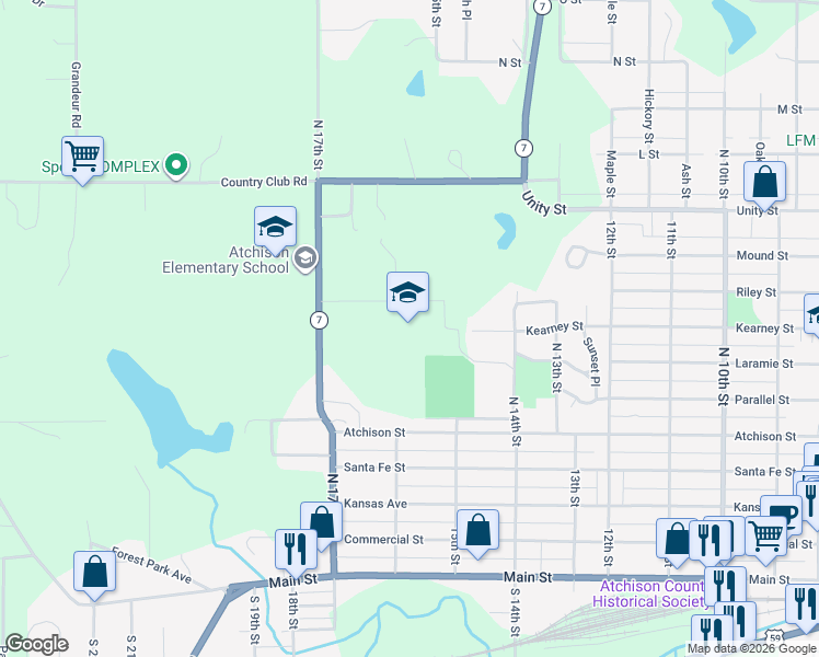 map of restaurants, bars, coffee shops, grocery stores, and more near 1500 West Riley Street in Atchison