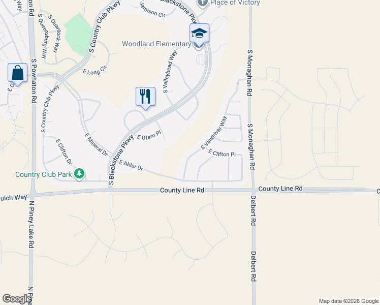 map of restaurants, bars, coffee shops, grocery stores, and more near 8145 South Vandriver Way in Aurora