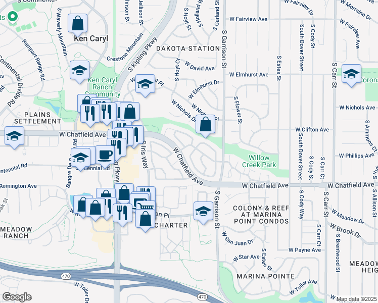 map of restaurants, bars, coffee shops, grocery stores, and more near 9603 West Chatfield Avenue in Littleton