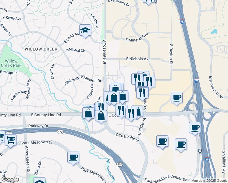 map of restaurants, bars, coffee shops, grocery stores, and more near 8986 East Phillips Drive in Centennial