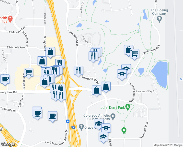 map of restaurants, bars, coffee shops, grocery stores, and more near 198 Inverness Drive West in Englewood