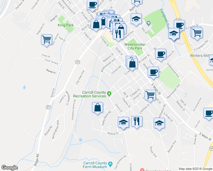 map of restaurants, bars, coffee shops, grocery stores, and more near 160 South Center Street in Westminster