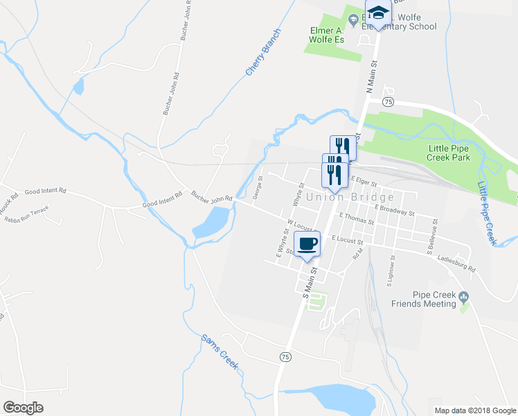 map of restaurants, bars, coffee shops, grocery stores, and more near 108 West Locust Street in Union Bridge